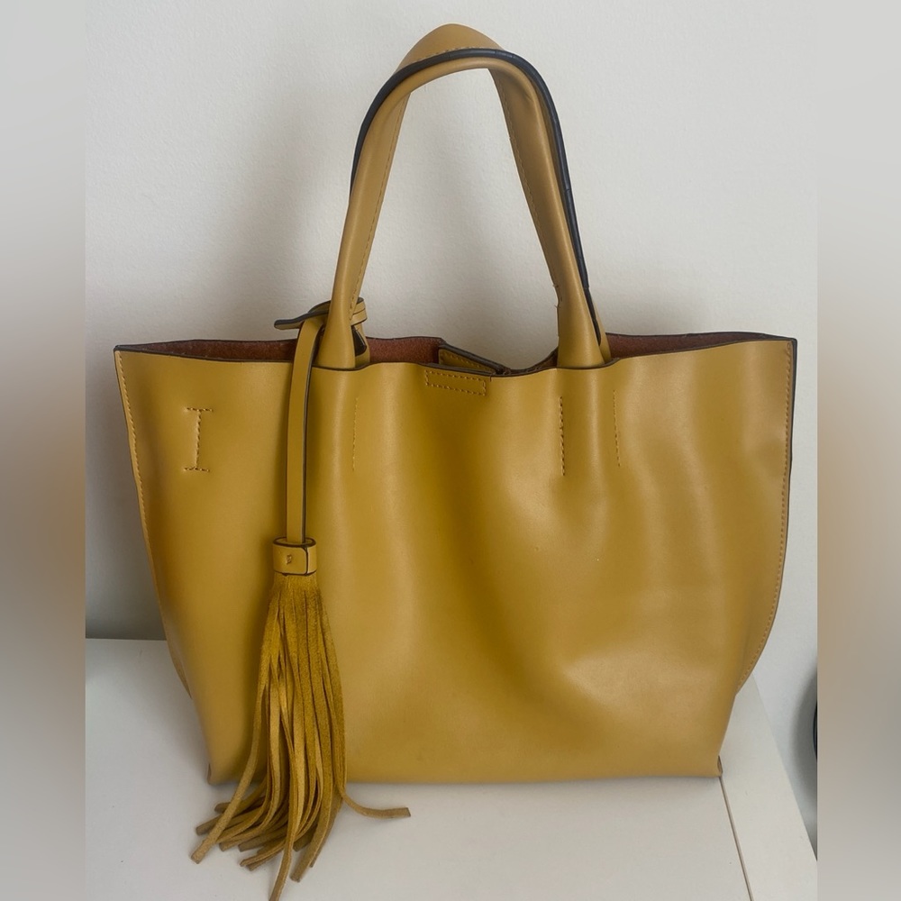 Co-Lab Leather Tote with Tassel in Mustard Color